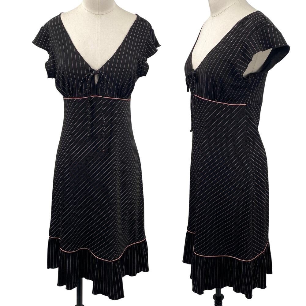 Vintage Y2k City Triangles Bias Cut Pinstripe Dress Flutter Sleeve Black Pink 4